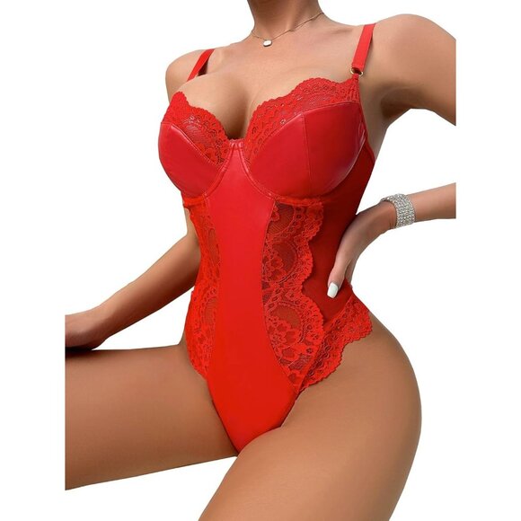 Lilosy Red Leather Underwire Push Up Lace Sheer Corset Teddy Bodysuit Women - Picture 3 of 6
